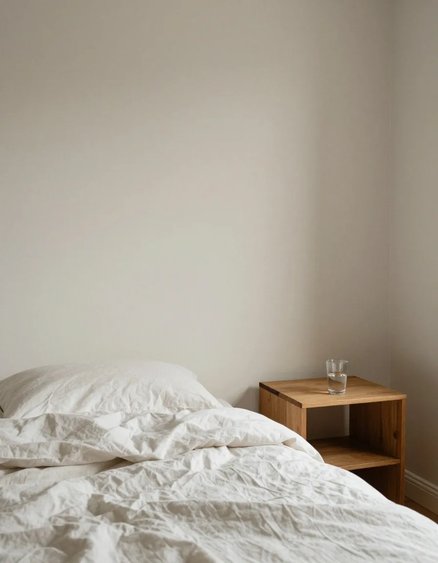 A bedroom corner with morning light across the duvet and a glass of water