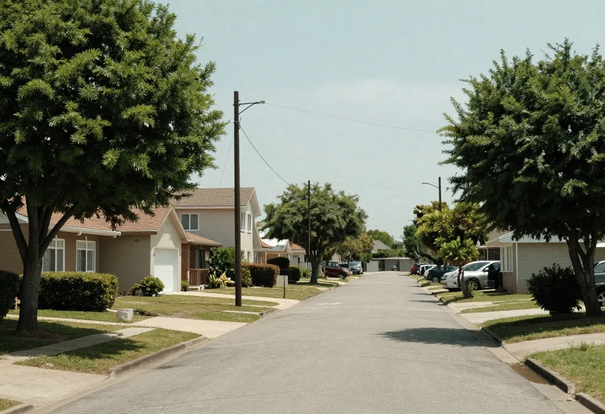 A residential street with low-rise facades and street trees in flat daylight