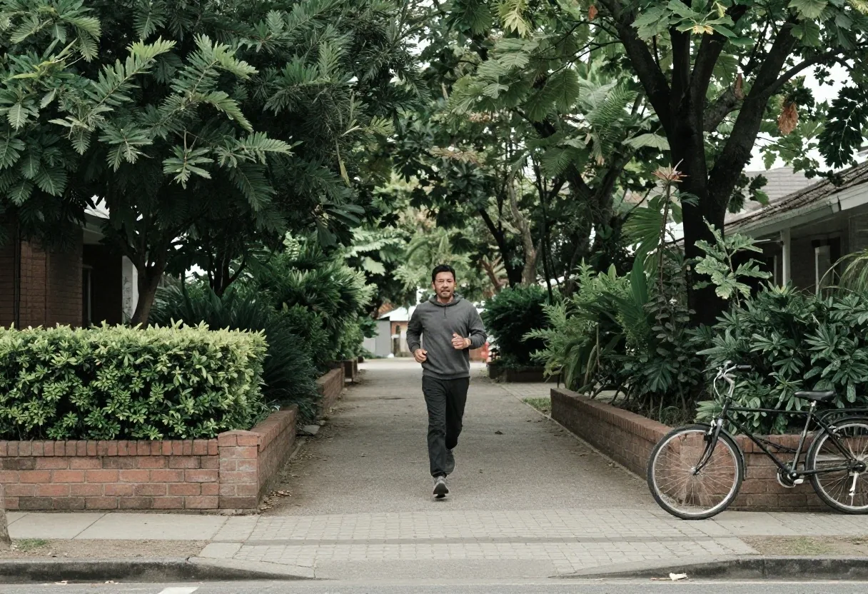 A person walking briskly along a quiet residential street in overcast morning light