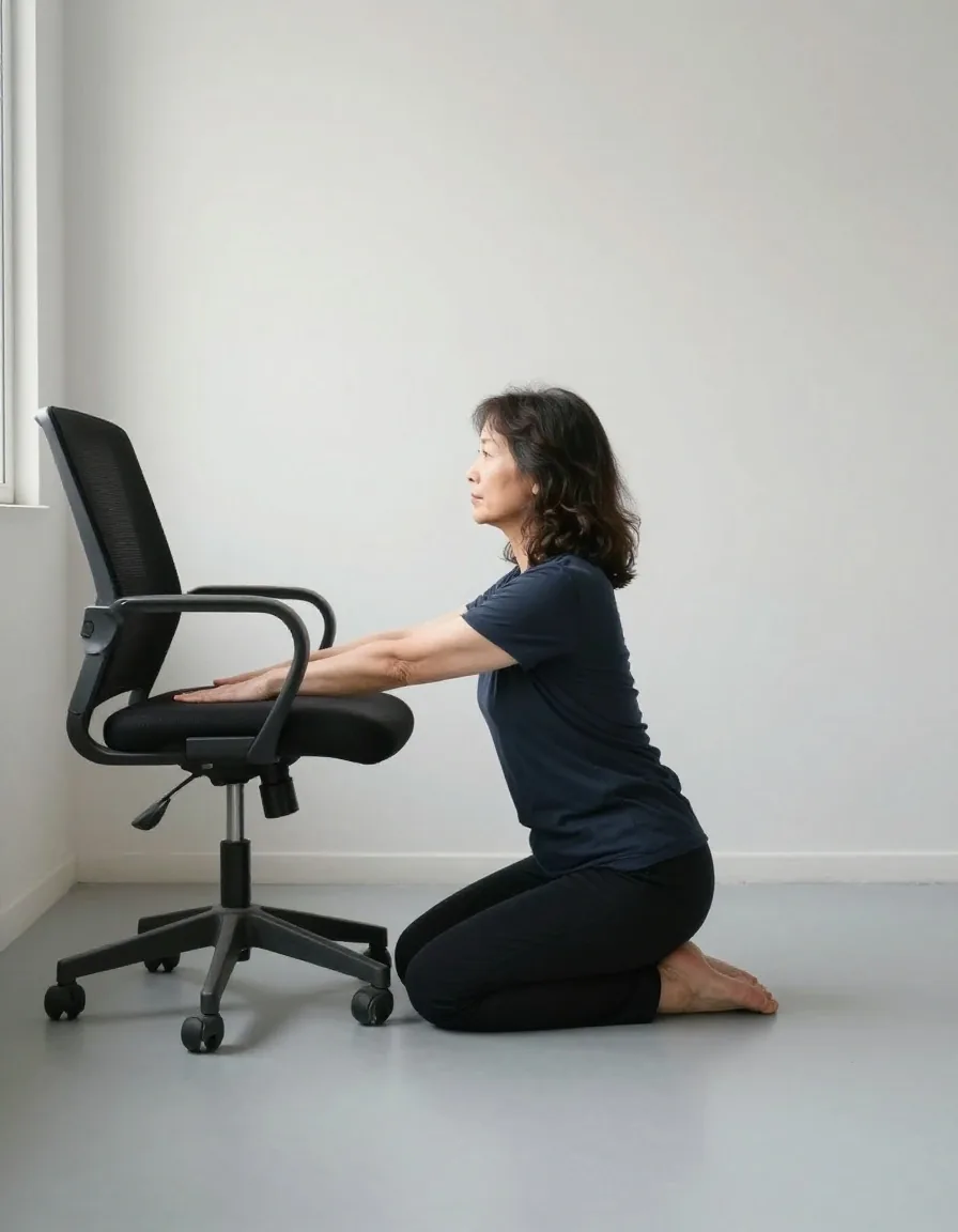 A person performing a half-kneeling hip flexor stretch beside a chair in a plain room