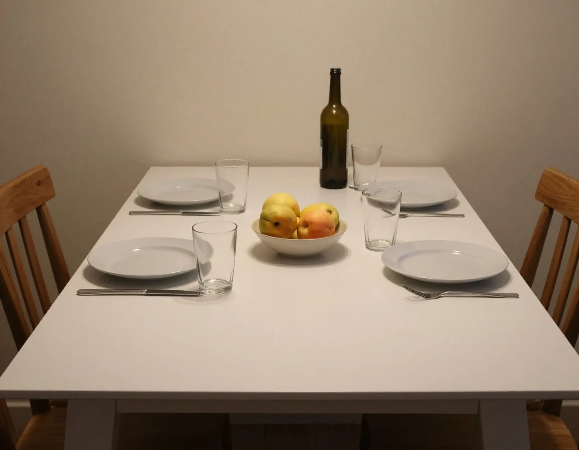 A calm weeknight dinner table with water, fruit and a bottle set aside