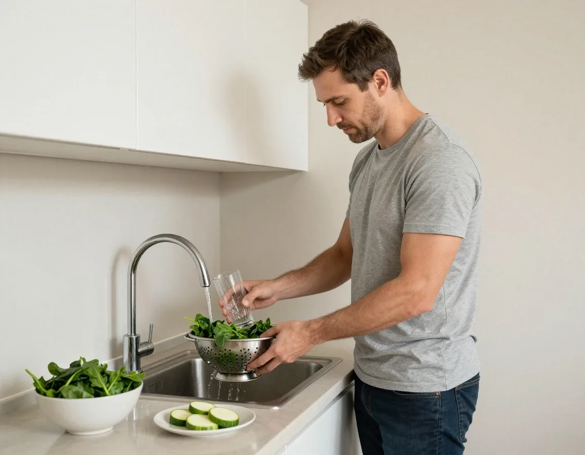 Hands preparing fresh vegetables and a glass of water on a plain kitchen counter
