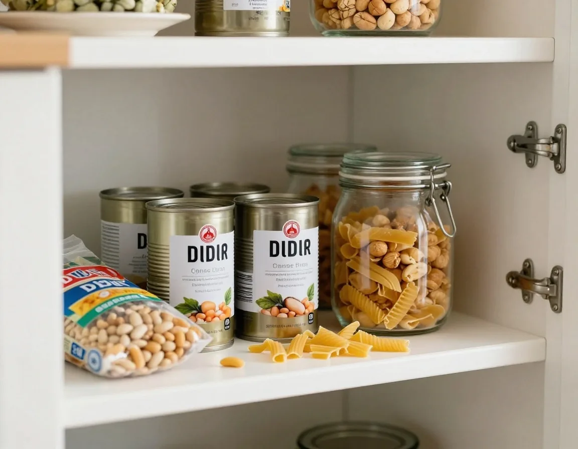 Shelf with tinned fish, beans, frozen vegetables and nuts kept for busy days