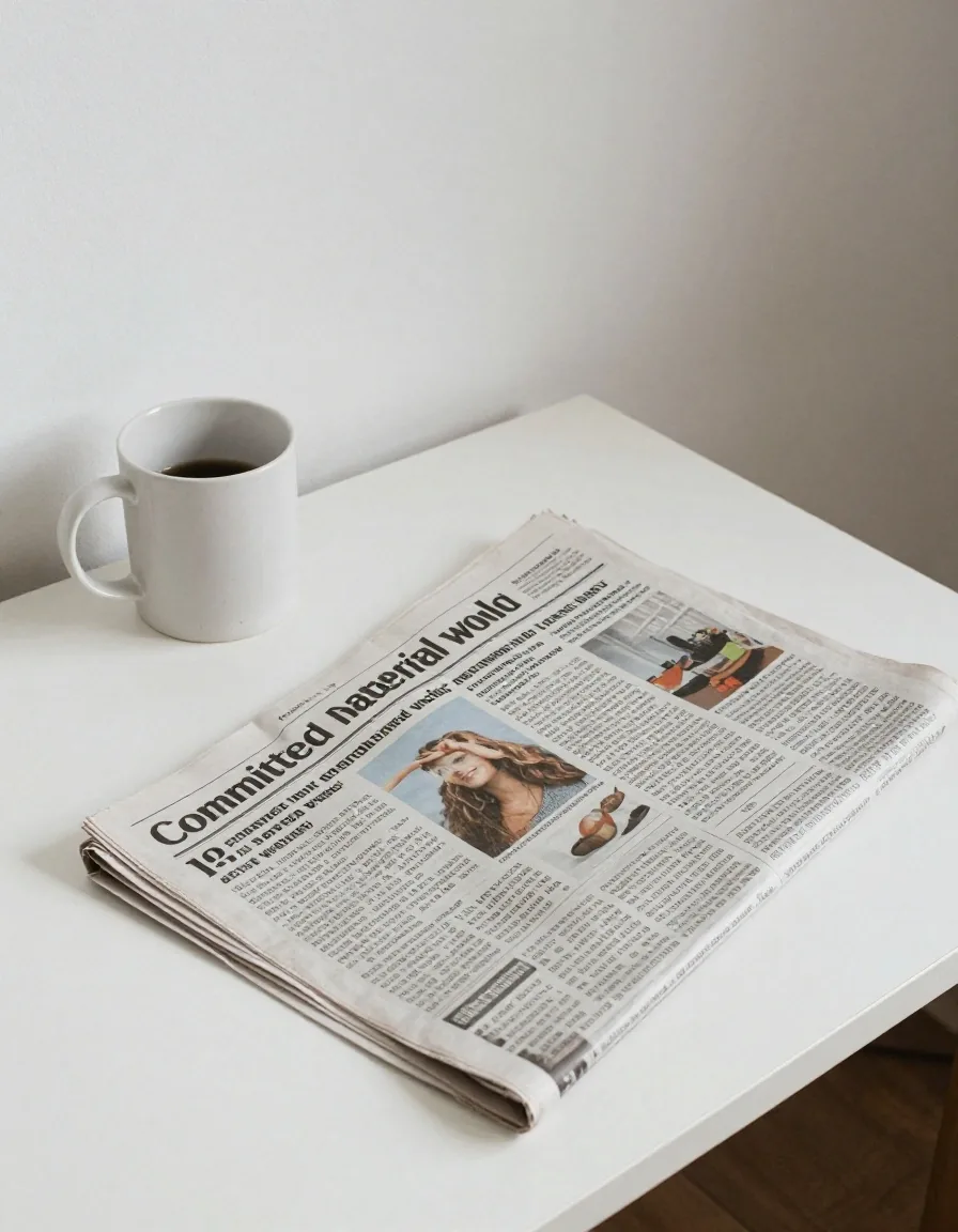 A calm domestic corner with a side table, mug and folded newspaper in flat daylight