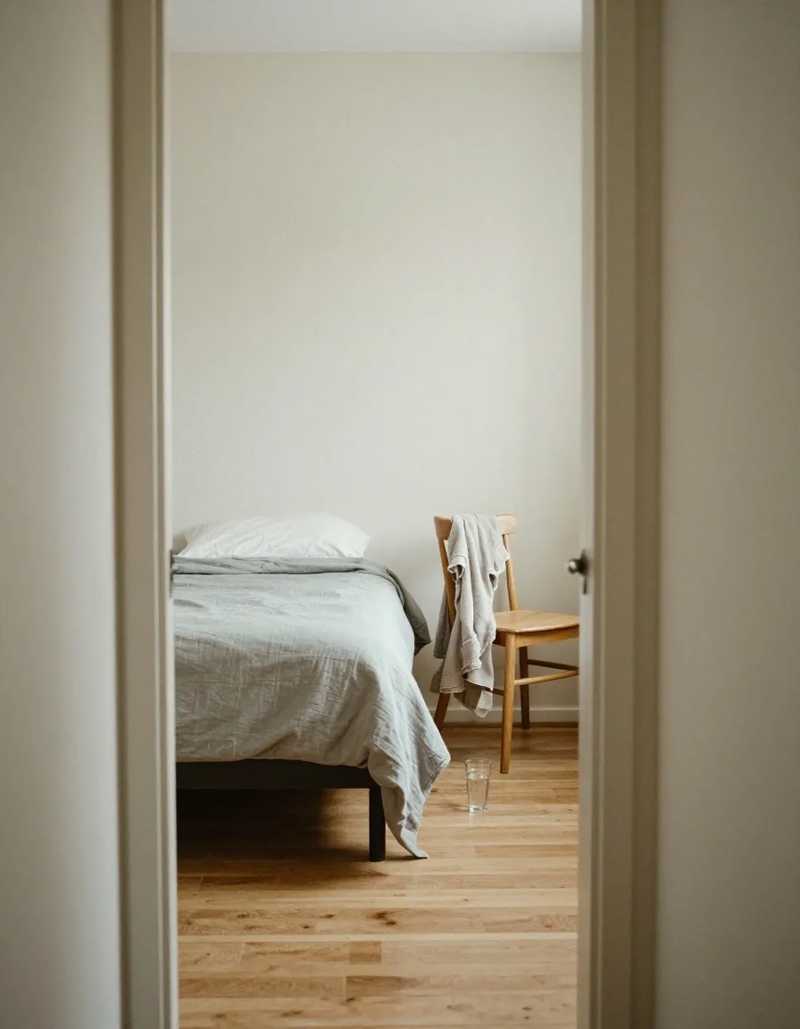 A bedroom corner in morning light with a glass of water on the nightstand