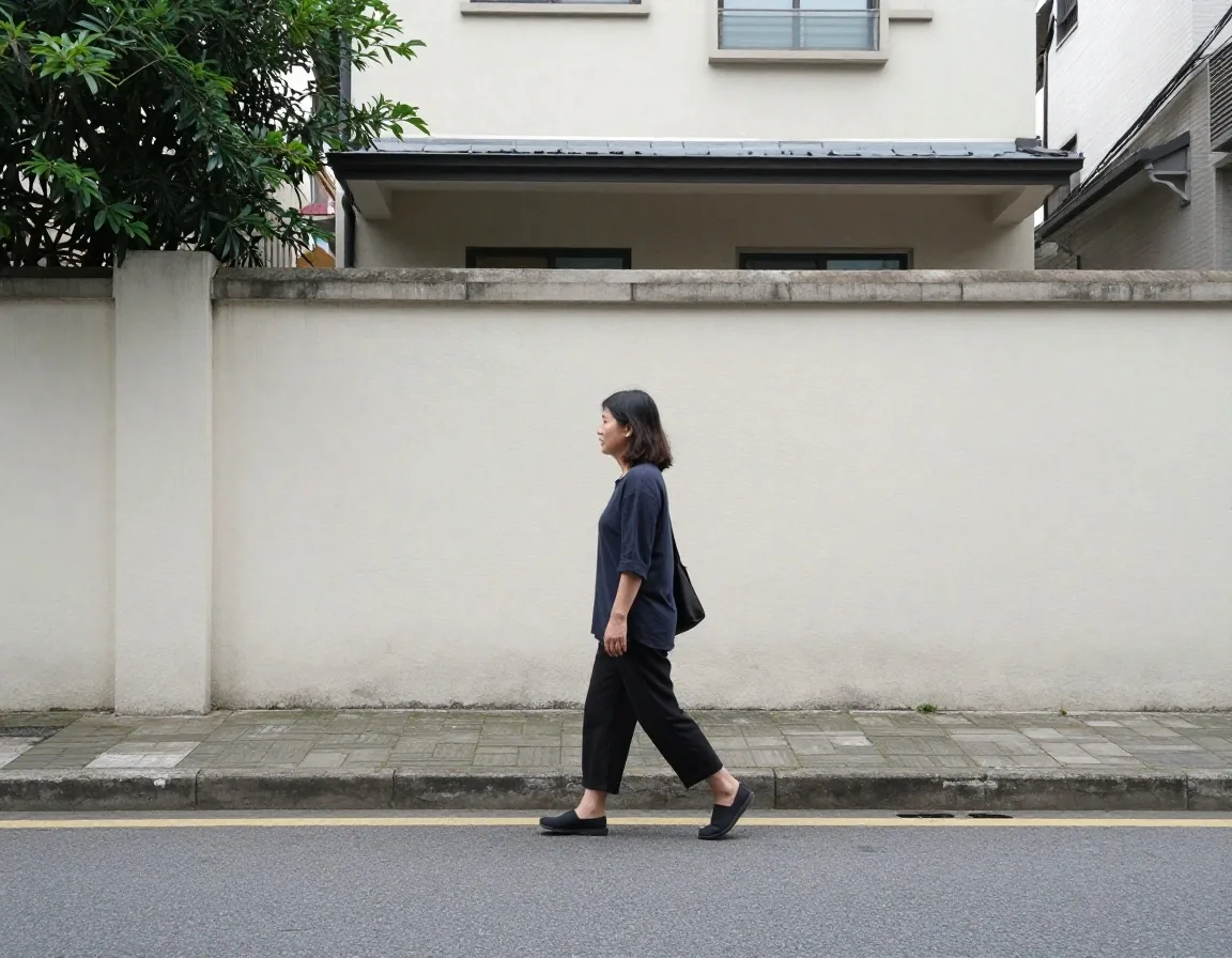 A person taking a short walk through a plain residential street in flat daylight